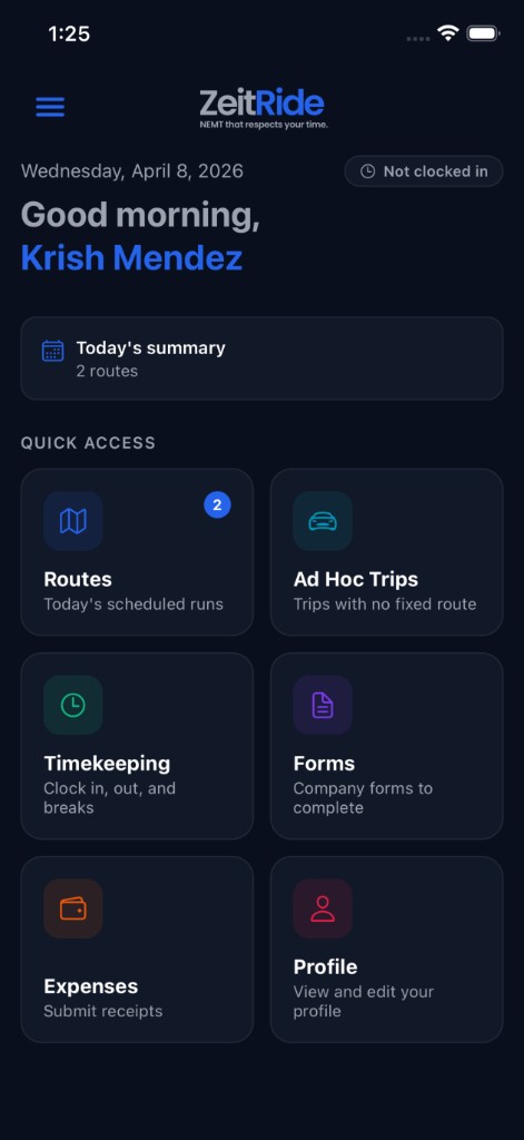 ZeitRide Driver home with quick access to routes, trips, timekeeping, and more