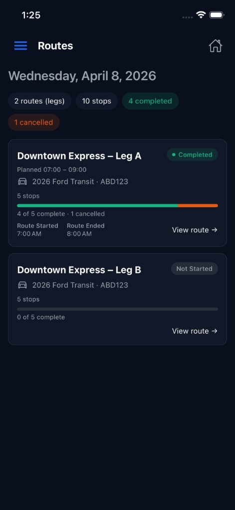 Routes list with legs, stop counts, and completion status