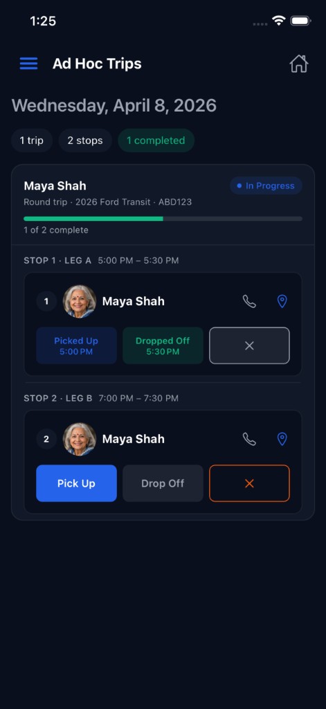 Ad hoc trip detail with stops and status