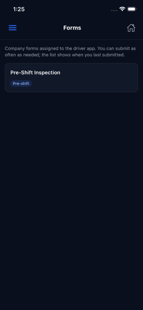 Company forms list in the driver app