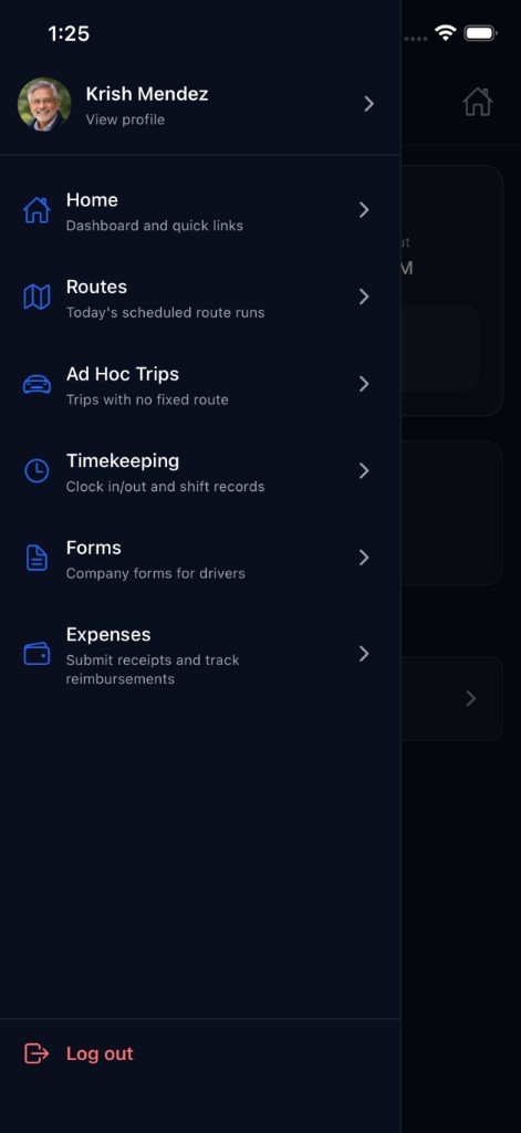 Side navigation menu for the driver app