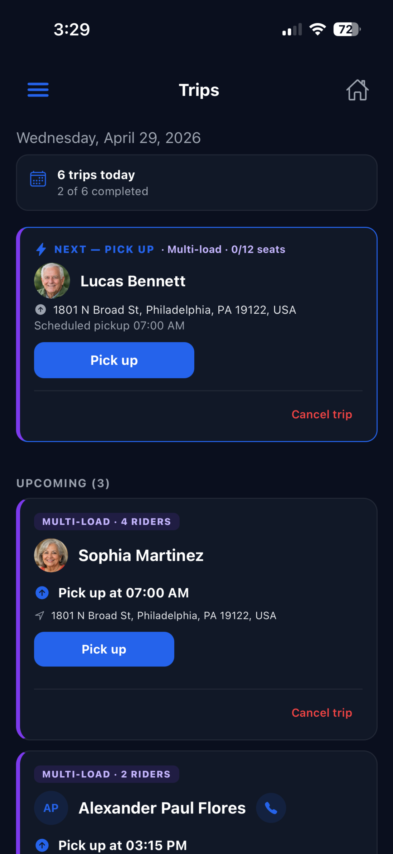Trips list with today’s pickups, multi-loads, and upcoming rides